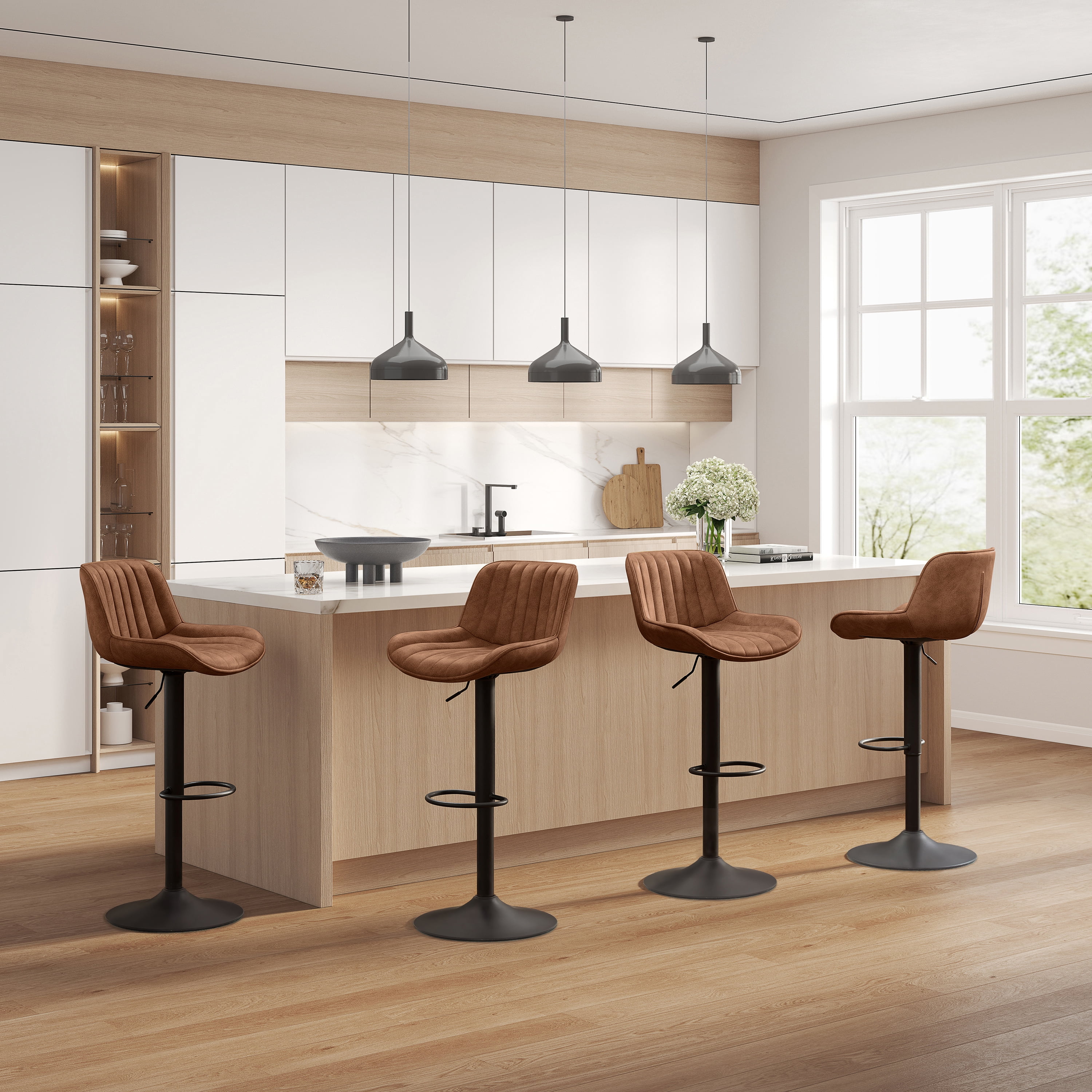 Art Leon Rustic Bar Stools Set of 2, Faux Leather with Backrest Chrome Legs, Upholstered Swivel Kitchen Stools, Yellow Brown
