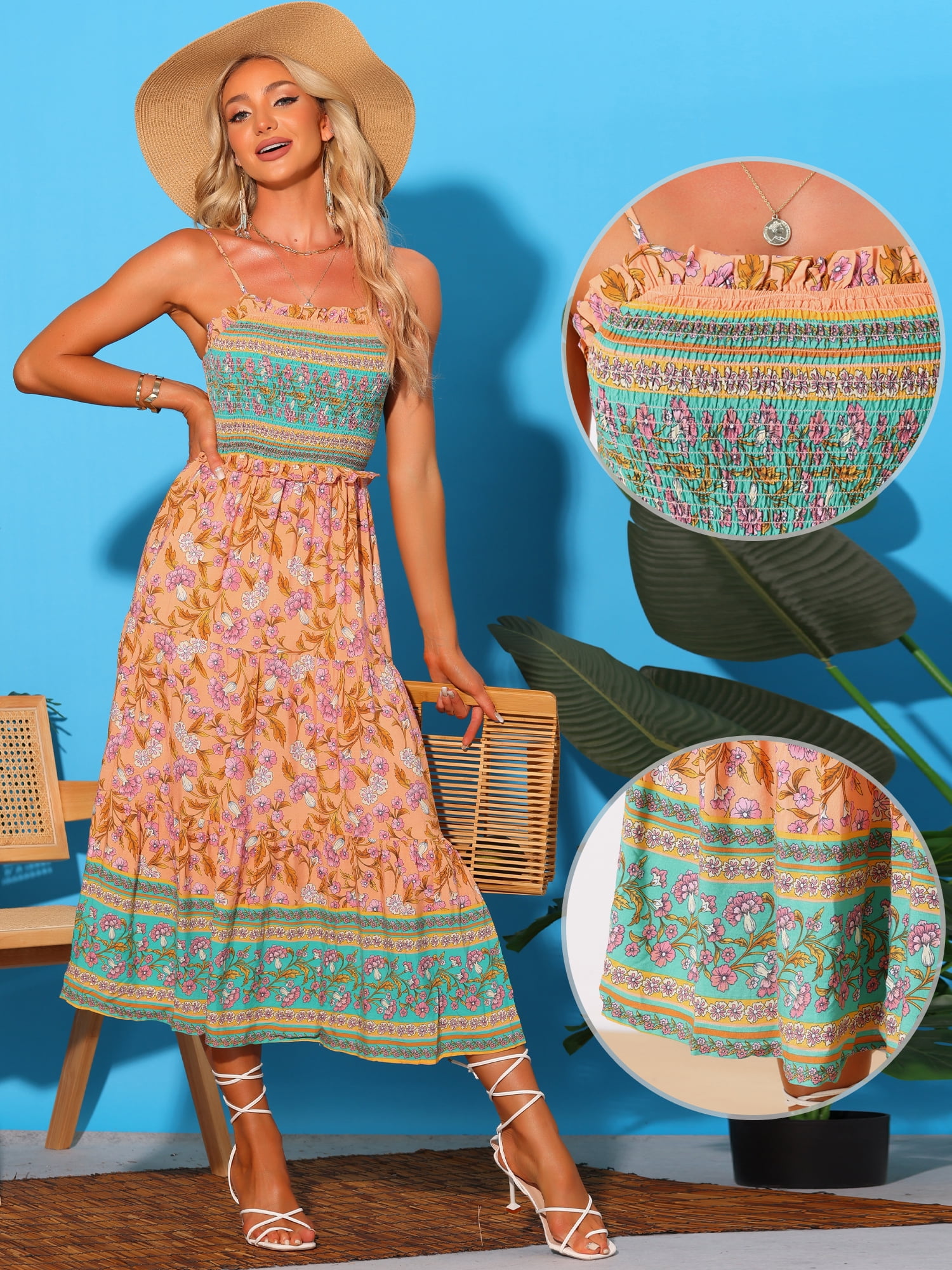 DARING DIVA Spaghetti Strap Smocked Maxi Boho Floral Dress L Orange