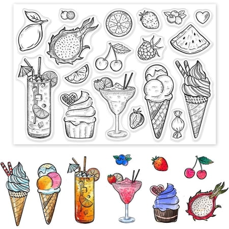 Food Patterns Clear Stamps Fruit Drinks Ice Cream Cupcakes Silicone Clear Stamp Seals for Cards Making DIY Scrapbooking Photo Journal Album Decoration