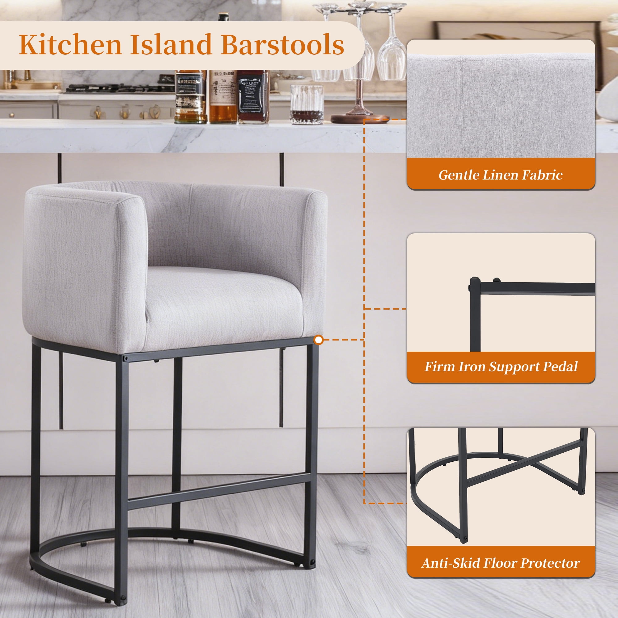 ClinQ Counter Height Bar Stool Set of 4, 26 in Fabric Upholstered Seat, Metal Legs for Indoor Dining Room and Kitchen Island, Lightgrey