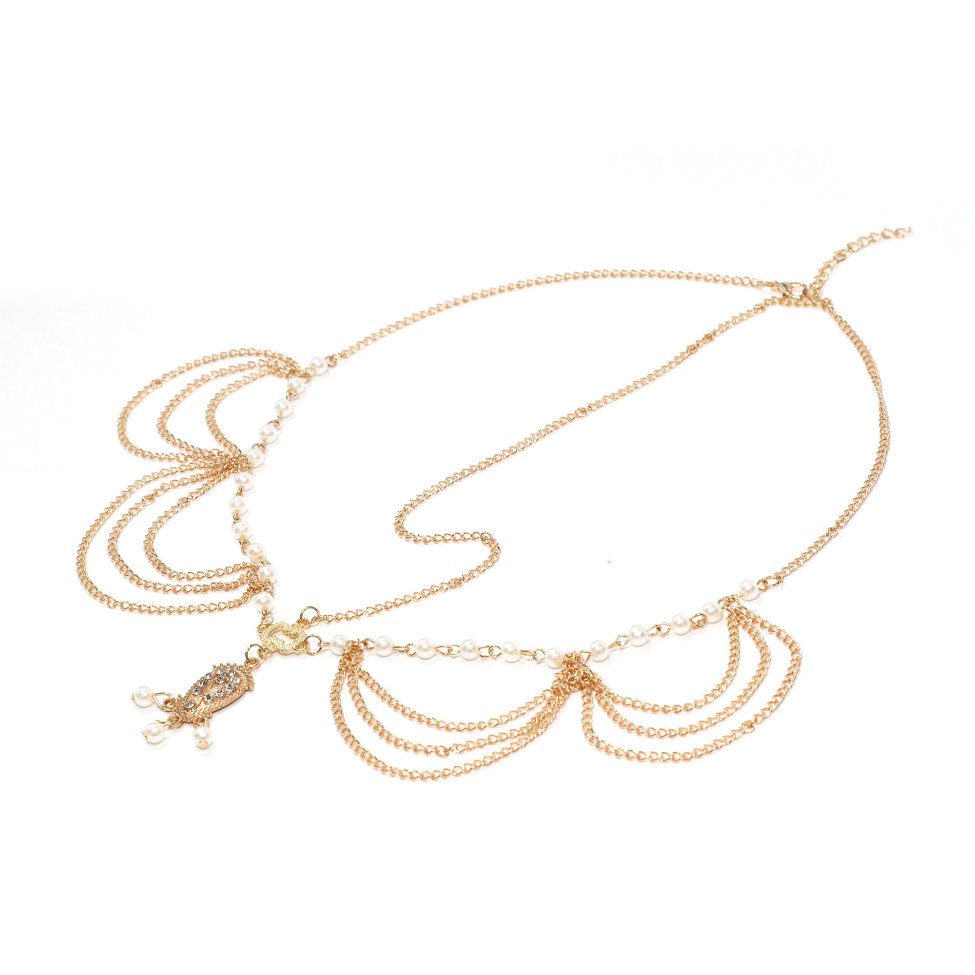 Unique Bargains Headpiece Faux Pearls Tassels Head Chain Gold Tone 1 Pc