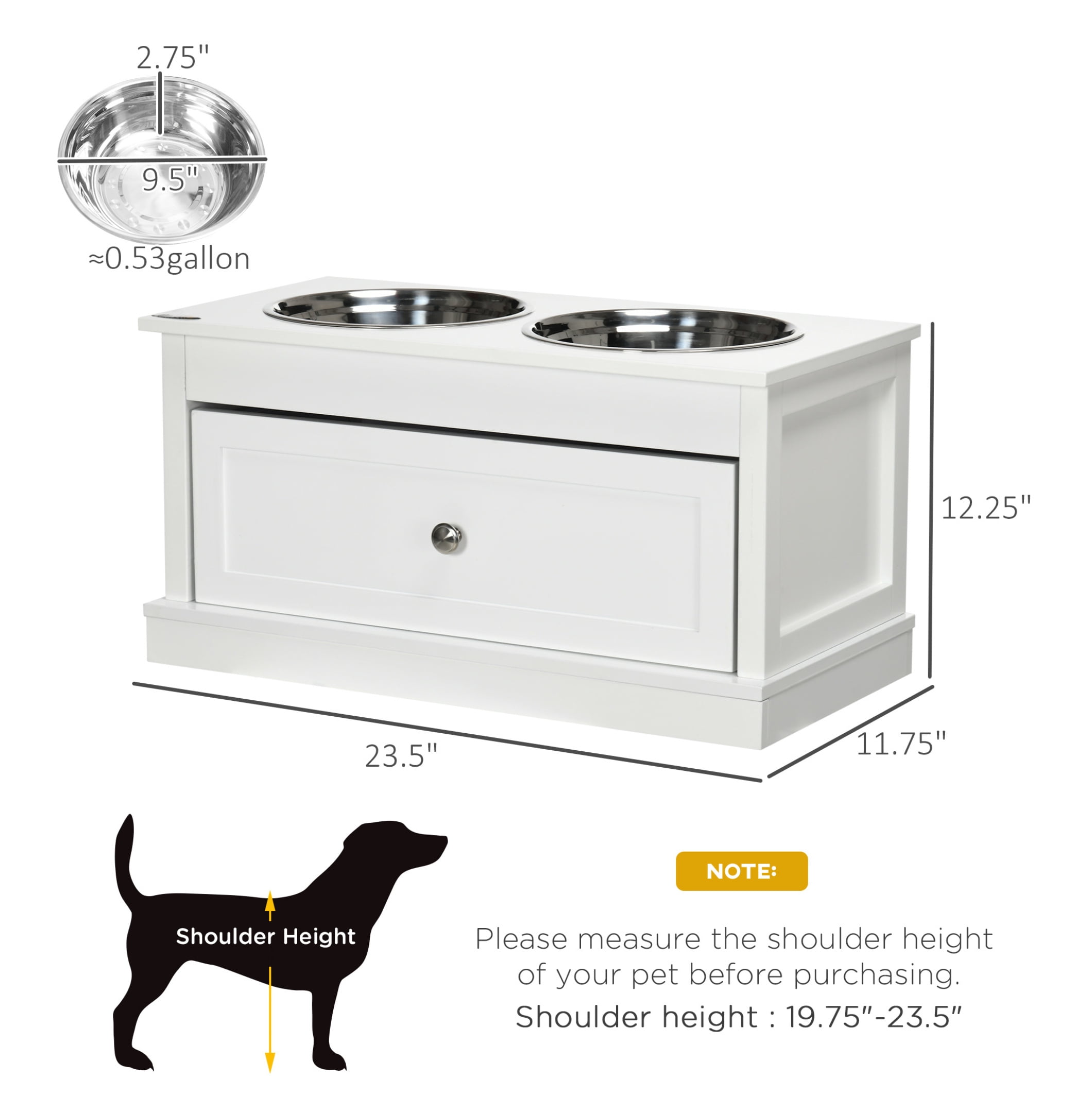 Raised Dog Bowls with Storage, Large Elevated Dog Feeder Stand, 11L Capacity, Stainless Steel Bowls, White Pet Feeding Station