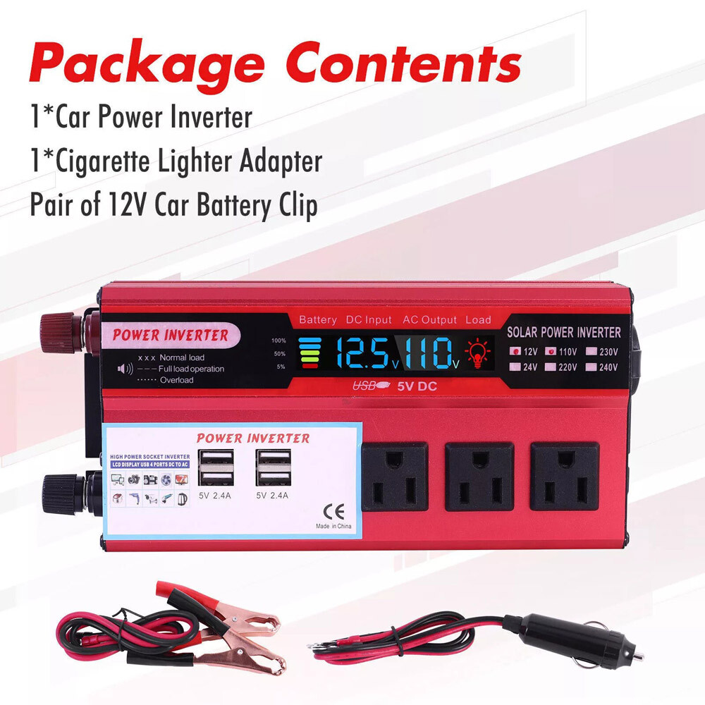 PrePat Car Power Inverter 5000W DC 12V To AC 110V Pure Sine Wave Solar Converter 4 USB