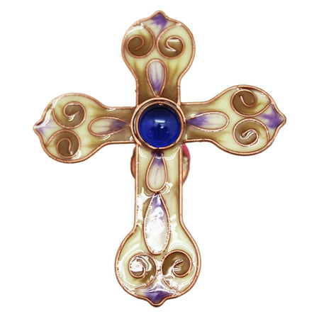 Mocha Colored Stained Glass Cross Magnet With Center Blue Colored Orb