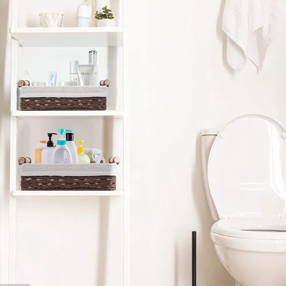 Round Paper Rope Storage Basket, Wicker Baskets for Organizing with Wooden Handles, Decorative Basket for Countertop, Bathroom Toilet Tank Basket, Small Baskets Set (Set of 2,Brown)
