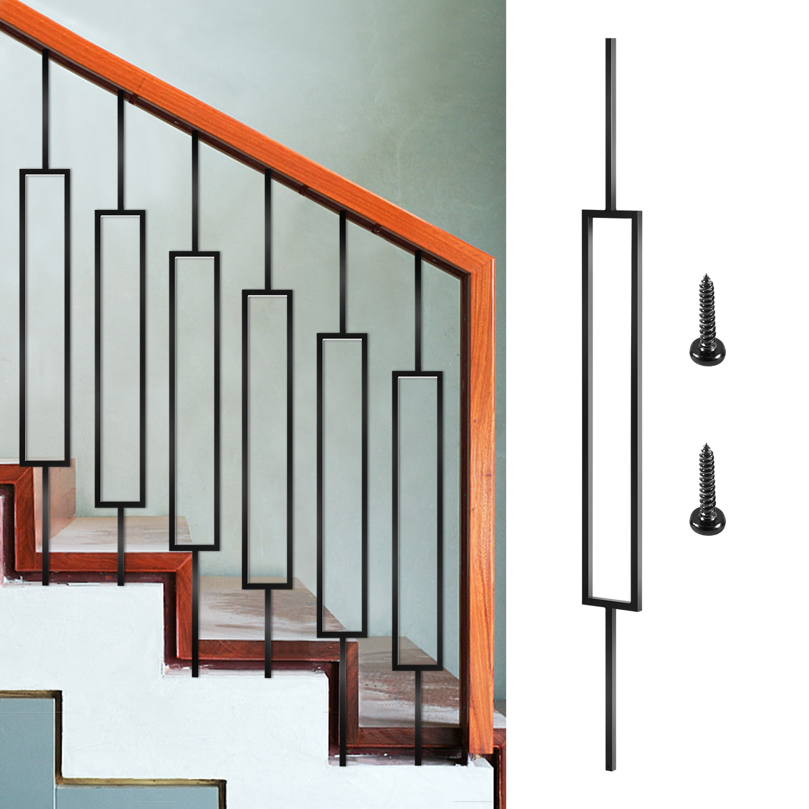 KFFKFF Iron Deck Railing for Wood and Composite Deck, Stylish Black Baluster for Outdoor Stair Deck Porch Deck Balusters, 10 Pack Metal Deck Spindles, 44"x0.5" Staircase Baluster With Screws