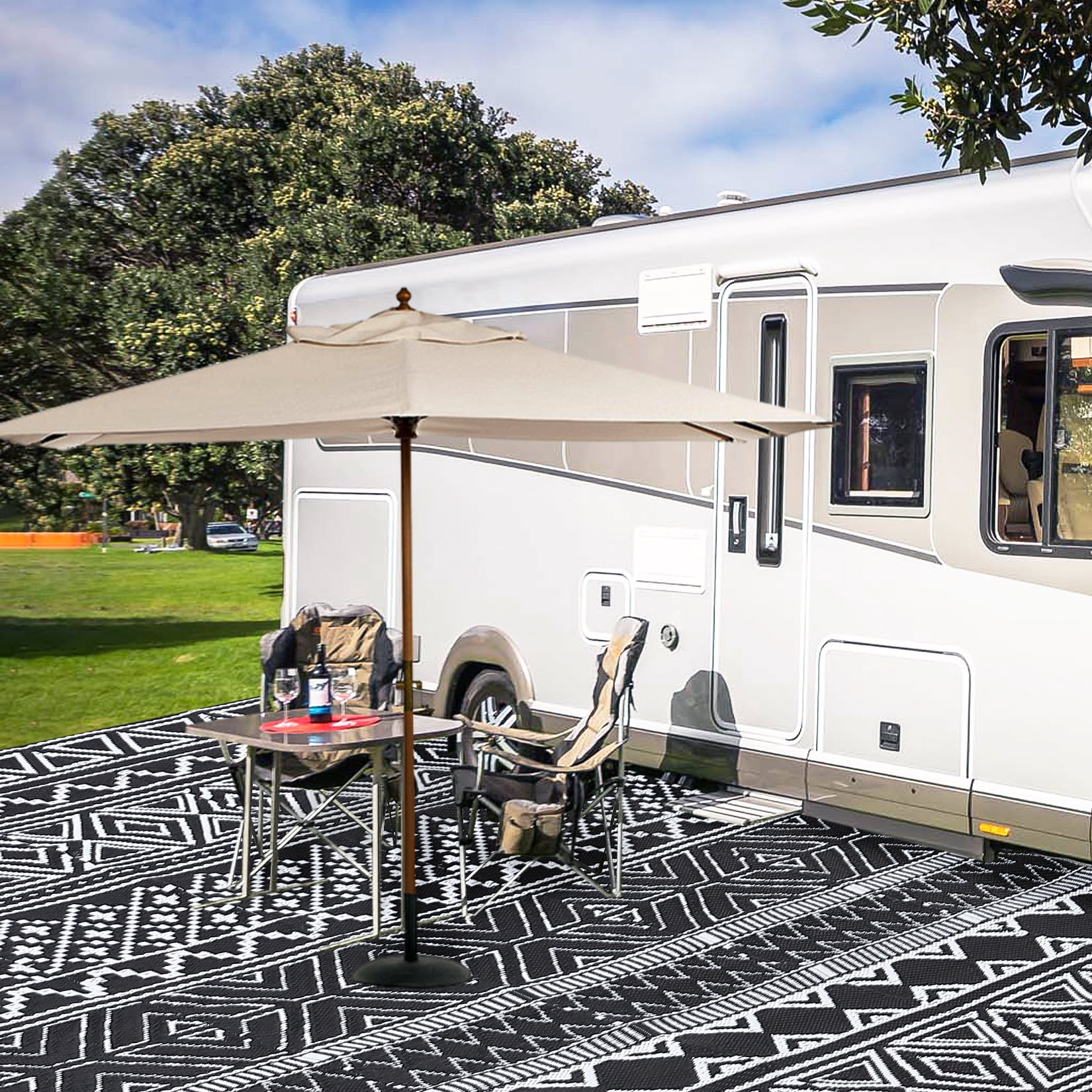 COZONY 9x12 ft Outdoor Rug, Reversible Waterproof Camping Mat, UV & Stain Resistant, Foldable for Backyard, Deck, Black and White