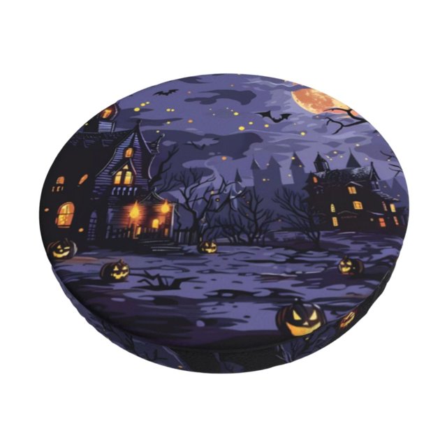 Disketp Mystery House Halloween Night Funda Redonda para Taburete, Funda de Cojín para Silla de Bar Suave y Elástica-12 inch