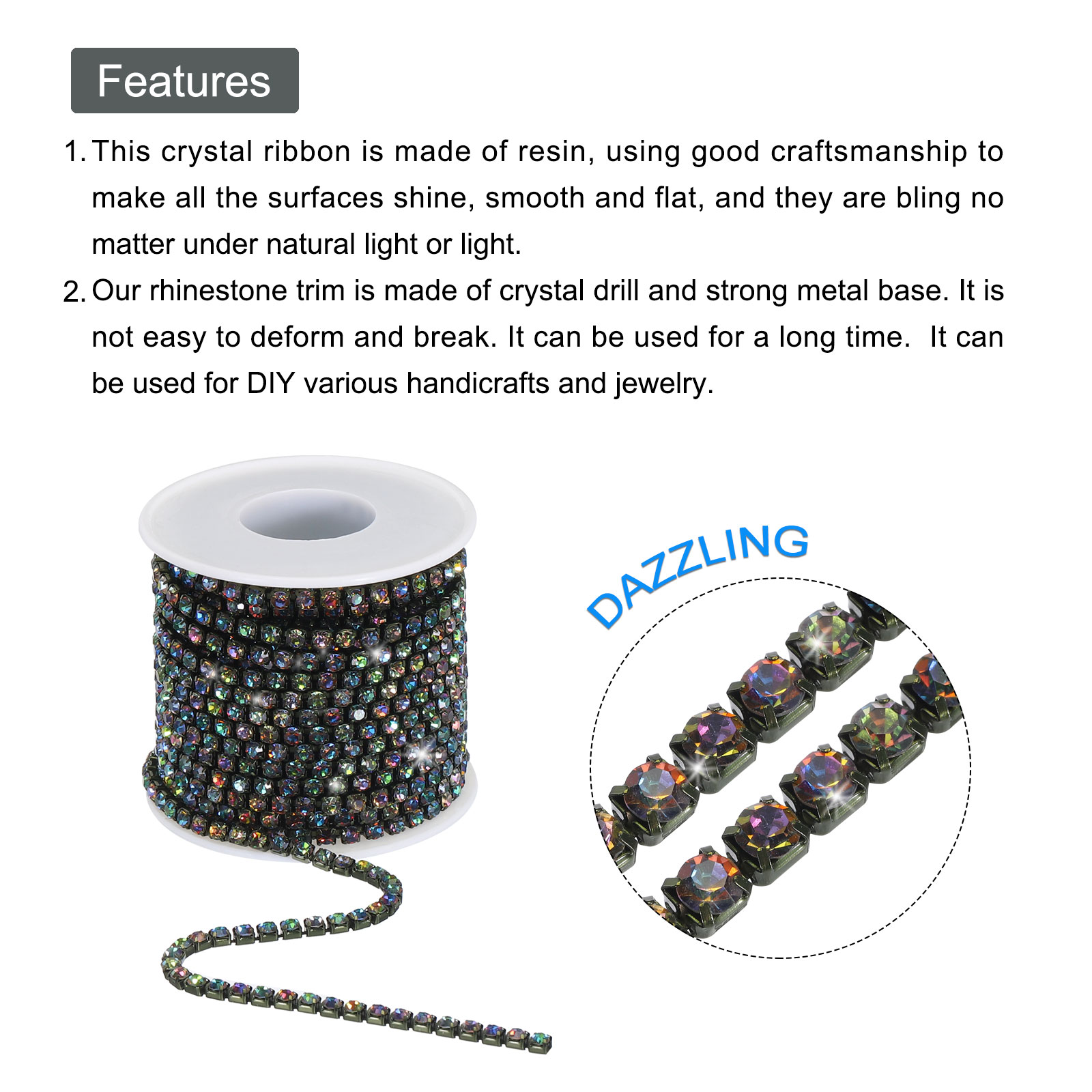 Uxcell 10 Yard 4mm Crystal Rhinestone Diamond Close Chain Trim Trimming Claw Cup Chain for Sewing, Crafts,Colorful