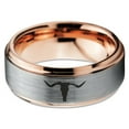 thumbnail image 2 of Tungsten Longhorn Texas Bull Horn Band Ring 8mm Men Women Comfort Fit 18k Rose Gold Step Bevel Edge Brushed Polished, 2 of 4