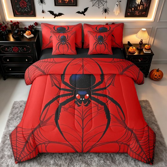 Erosebridal Spider Web Twin Bedding, Creepy Halloween Bedding Comforter Set, Red Black, Black Reversible, 7 Pieces