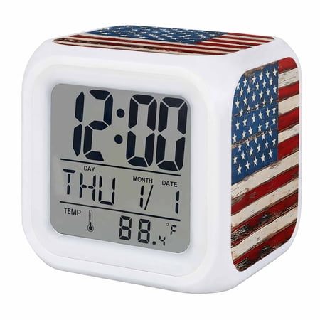 Farmhouse American Flag Digital Alarm Clock for Bedrooms, Smart LED Alarm Clock with 7 Color Changing Night Light, Blue Red USA Flag Vintage Silent Wake Up Clocks for Sleep Study Cooking 3.2x3.2