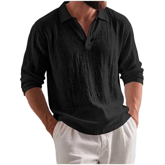 TOUMENY Men Linen Shirts Casual Long Sleeve Lightweight Breathable Shirt Solid Button Down Loose Fit Vacation Beach Summer Fall Tops Black L