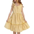 thumbnail image 1 of Ashirexll Robe Décontractée Sans Manches pour Filles, Couleur Unie, Col Rond, Haut à Fines Bretelles avec Imprimé à Carreaux pour Usage Quotidien, Âge 3-13 Ans, Jaune, 12-13 Ans, 1 of 7