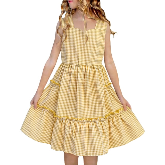 Ashirexll Robe Décontractée Sans Manches pour Filles, Couleur Unie, Col Rond, Haut à Fines Bretelles avec Imprimé à Carreaux pour Usage Quotidien, Âge 3-13 Ans, Jaune, 12-13 Ans