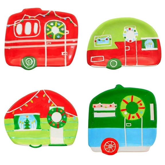 Transpac Camper-Shaped Treat Plates - Four Camper Shaped Plates 5.5 Inch, Dolomite - Christmas Set/4 Snack Tc01948