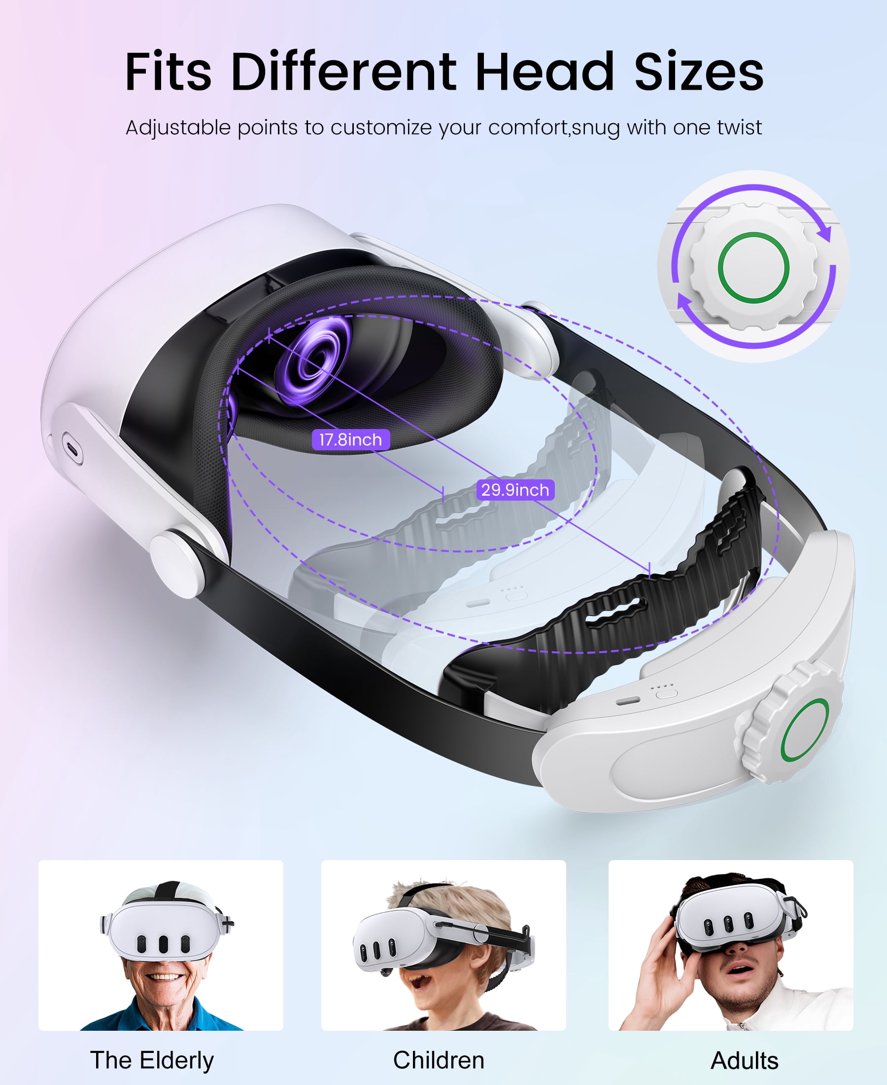 QQV Battery Head Strap for Oculus Meta Quest 3/3S/2, VR Headset Strap Accessories for Quest 3 with 10000mAh Built-in Rechargeable Battery Pack