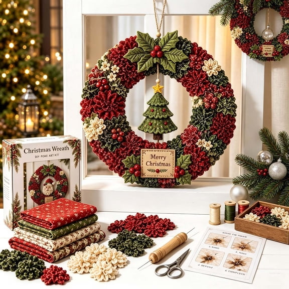 Christmas Fabric Punch Needle Wreath DIY Kit,Three-Dimensional Handmade Craft Set for Door Wall Holiday Decor.
