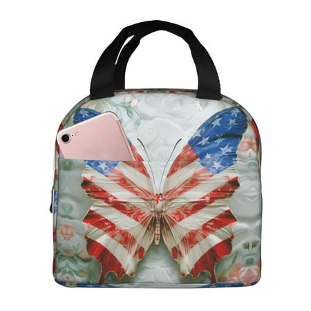 Insulated Lunch Bag for Women Men - Patriotic Butterfly Floral Leakproof Cooler Lunch Box for Women Men  Lunch Tote Bags for Work School Picnic Travel
