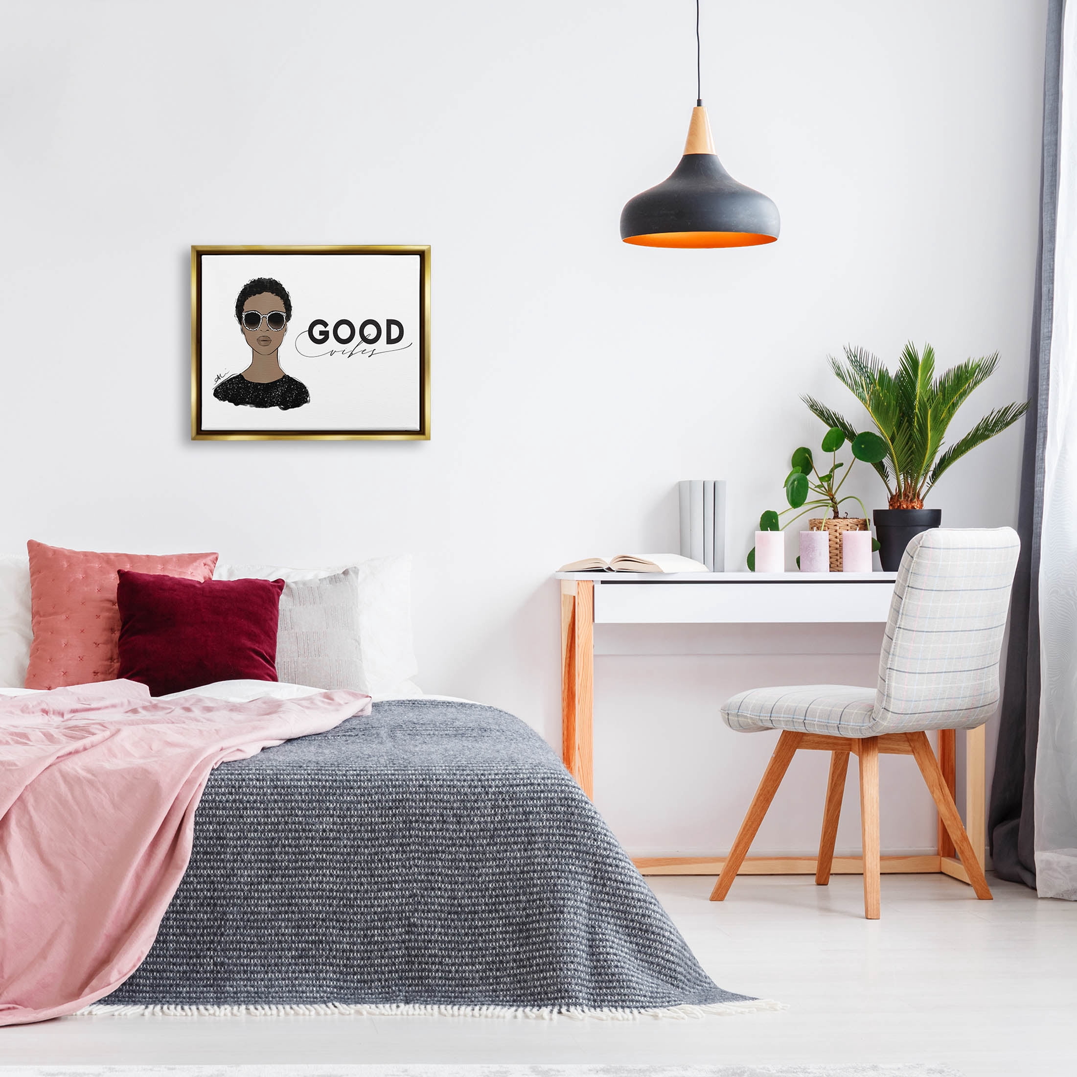 Stupell Industries Good Vibes Glam Portrait Graphic Art Metallic Gold Floating Framed Canvas Print Wall Art, Design by Alison Petrie