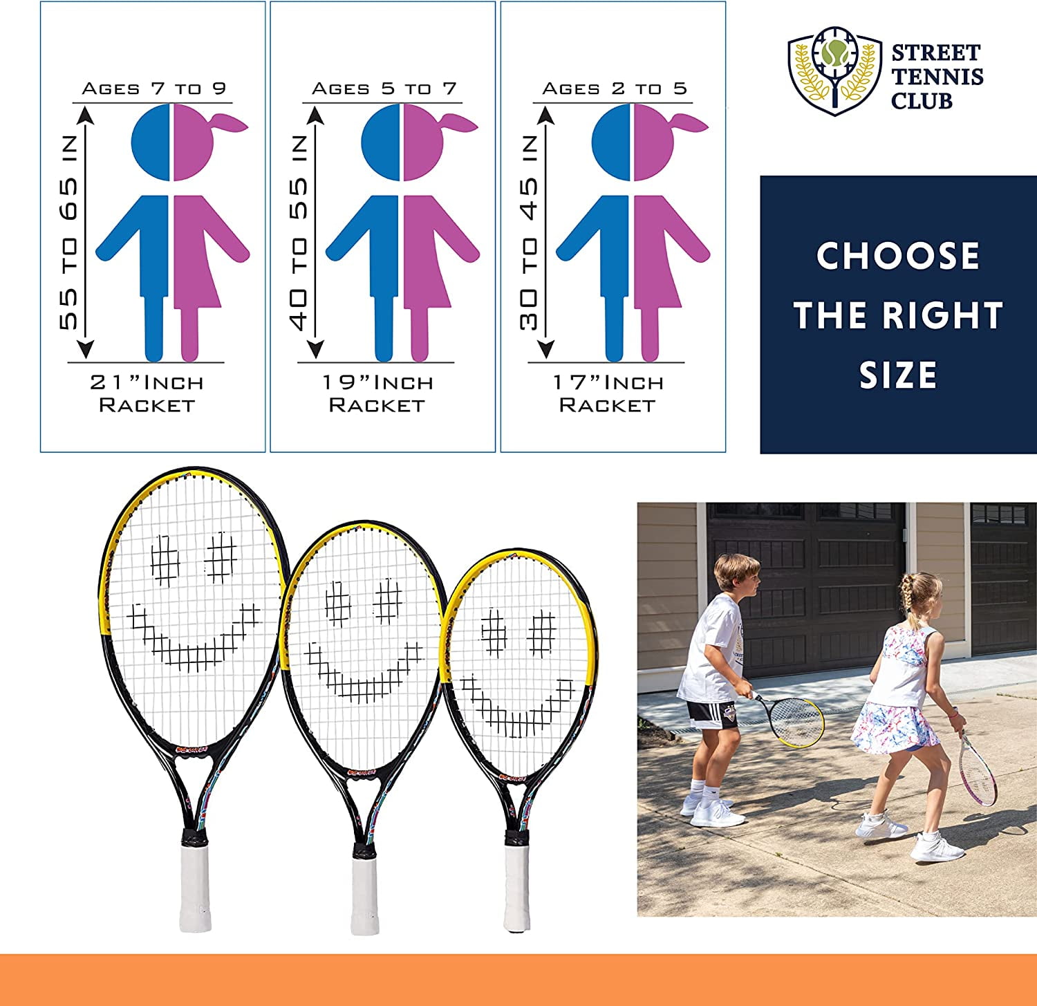 Tennis Racket for Kids with Training Videos by Street Tennis Club - Proper Equipment Helps You Learn Faster and Play Better - 21" Black/Yellow