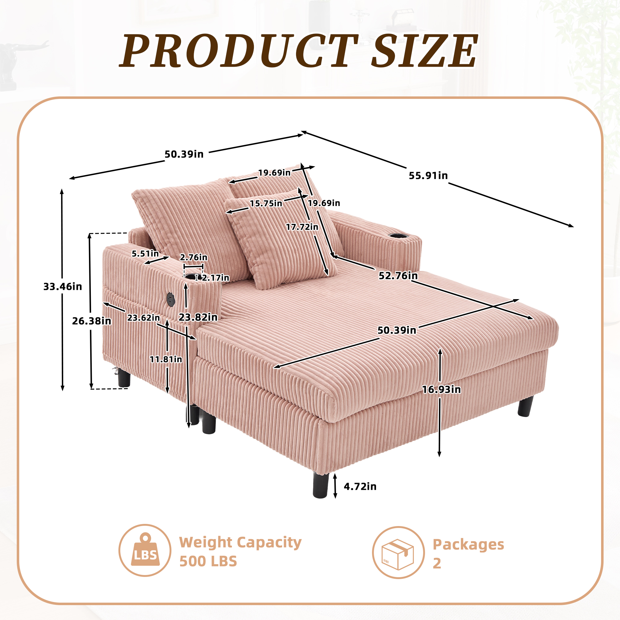 MOONMISS Corduroy Upholstered Oversized RGB LED Light Recliner Sofa Bed with Cup Holder,USB&3 Pillows-Pink