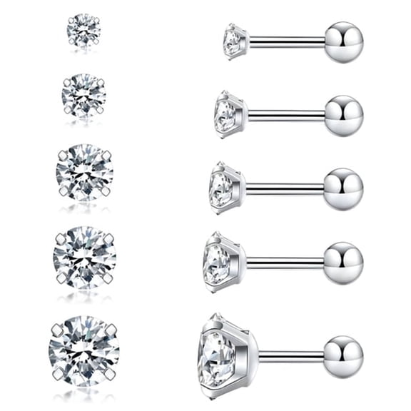 DESIGNICE 5 Pairs Flat Back Earrings for Women Multipack,Cartilage Earring,Nickel Free Hypoallergenic Earrings,Flatback Earrings for Women,Cubic Zirconia Earrings Studs (3Mm-7Mm),Silver