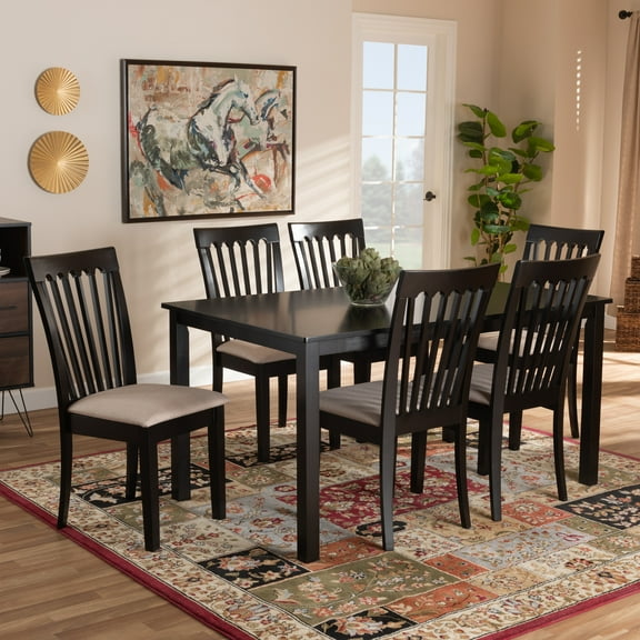 Baxton Studio Minette Modern and Contemporary Sand Fabric Upholstered Espresso Brown Finished Wood 7-Piece Dining Set
