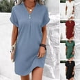 thumbnail image 2 of Skymirror Summer Women Dress V Neck Button Short Sleeves Loose Solid Color Pullover Casual Daily Wear Dating Mini Dress, 2 of 8