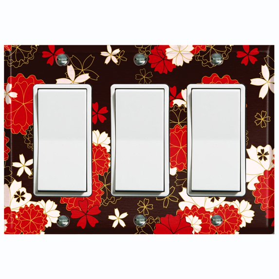 Metal Light Switch Plate Cover Japanese Flower Pattern Red Wallpaper FLW043