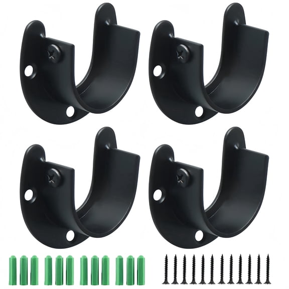 4 Pack Black Stainless Steel Clothing Tube Holder,U-Shaped Closet Rod Brackets, Heavy Duty Wall Mount Clothes Rail Supports for Wardrobe, Curtain Rod, Bathroom & Kitchen Storage, with Screws and Anch