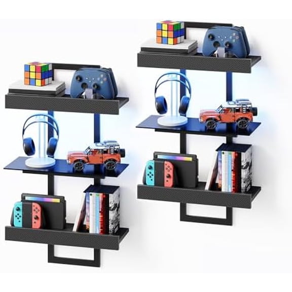 Led Gaming Floating Shelves Set of 2, 3-Tier Wall Mounted Shelf, Hanging Display Rack with Laser Pattern, E-Sports Decor Shelf with Glass for Gaming Room, Bathroom, Black FSHS90K01S2