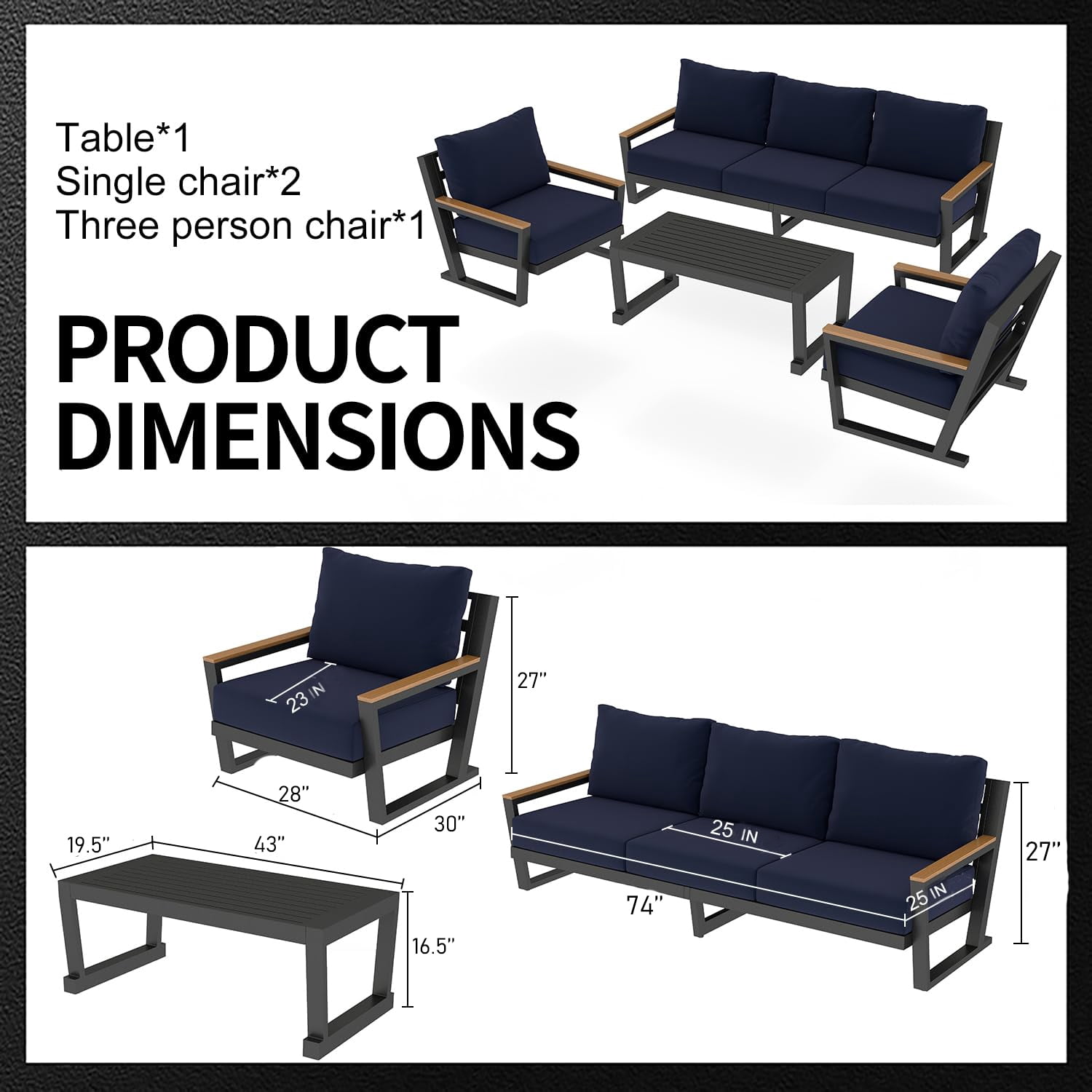 Aluminum Outdoor Sofa,5 Seats Modern Patio Furniture Set,Sectional Sofa Conversation Set with Coffee Table, Upgraded Washable Cushions for Garden Backyard,Grey