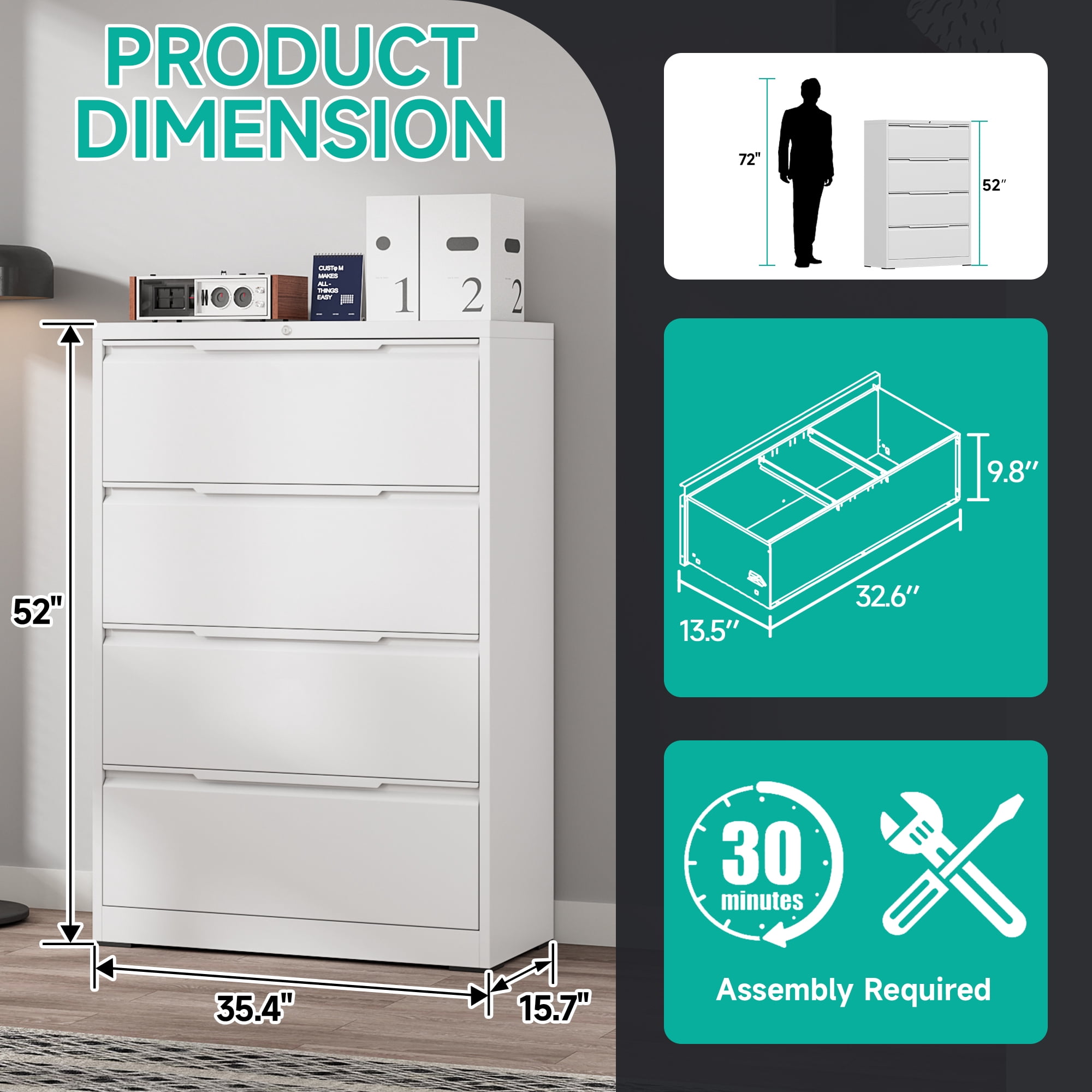4 Drawer Lateral File Cabinet, Metal Lateral File Cabinet with Lock, Office Lateral Filing Storage Cabinet for Hanging Files Letter/Legal/F4/A4 Size, Easy Assemble White