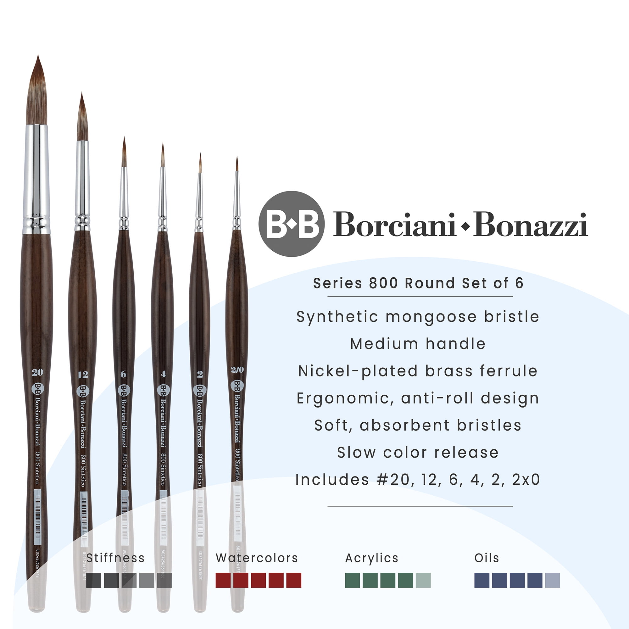 Borciani e Bonazzi Unico Synthetic Mongoose Artist Paint Brush - Series 800 Round - Set of 6 - Watercolors, Oil & Acrylic Paint - Handcrafted in Italy, Anti-Roll Design, Ergonomic Medium Handle