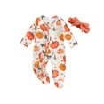 thumbnail image 2 of Elippeo Baby Girl Halloween Romper Pumpkin Print Long Sleeve Ruffled Zipper Jumpsuit with Headband 2 Pcs Set 3 6 12 18 Months, 2 of 10