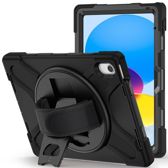 KIQ Shield Case Heavy Duty Rugged Case Cover w/ Hand Strap, Kickstand, AND Shoulder Strap for Apple iPad 11 inch 11th generation A16 2025 / iPad 10.9 inch 10th generation 2022 - Black