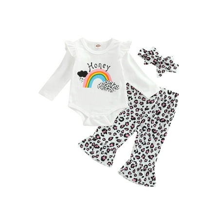 

Bagilaanoe 3Pcs Newborn Baby Girl Long Pants Set Letter Rainbow Print Long Sleeve Romper Tops Leopard Print Flared Trousers Headband 3M 6M 9M 12M Infant Fall Outfits