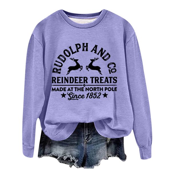 Gibobby Sudadera de Navidad para Mujer Otoño e Invierno Adecuado Navidad Estampado O Cuello Ajuste Tops Casual Manga Larga Camisas De Entrenamiento Blusa Suelta(Morado,G)