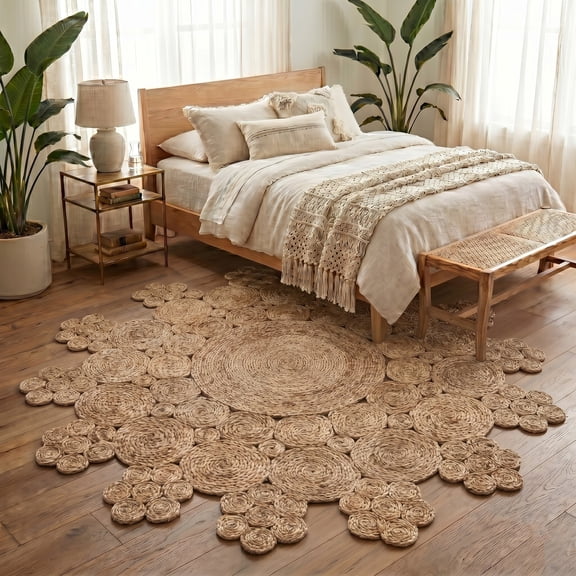 Harlow Hill Cora 4' Round Tan Geometric Hand Braided Reversible Jute Indoor Area Rug