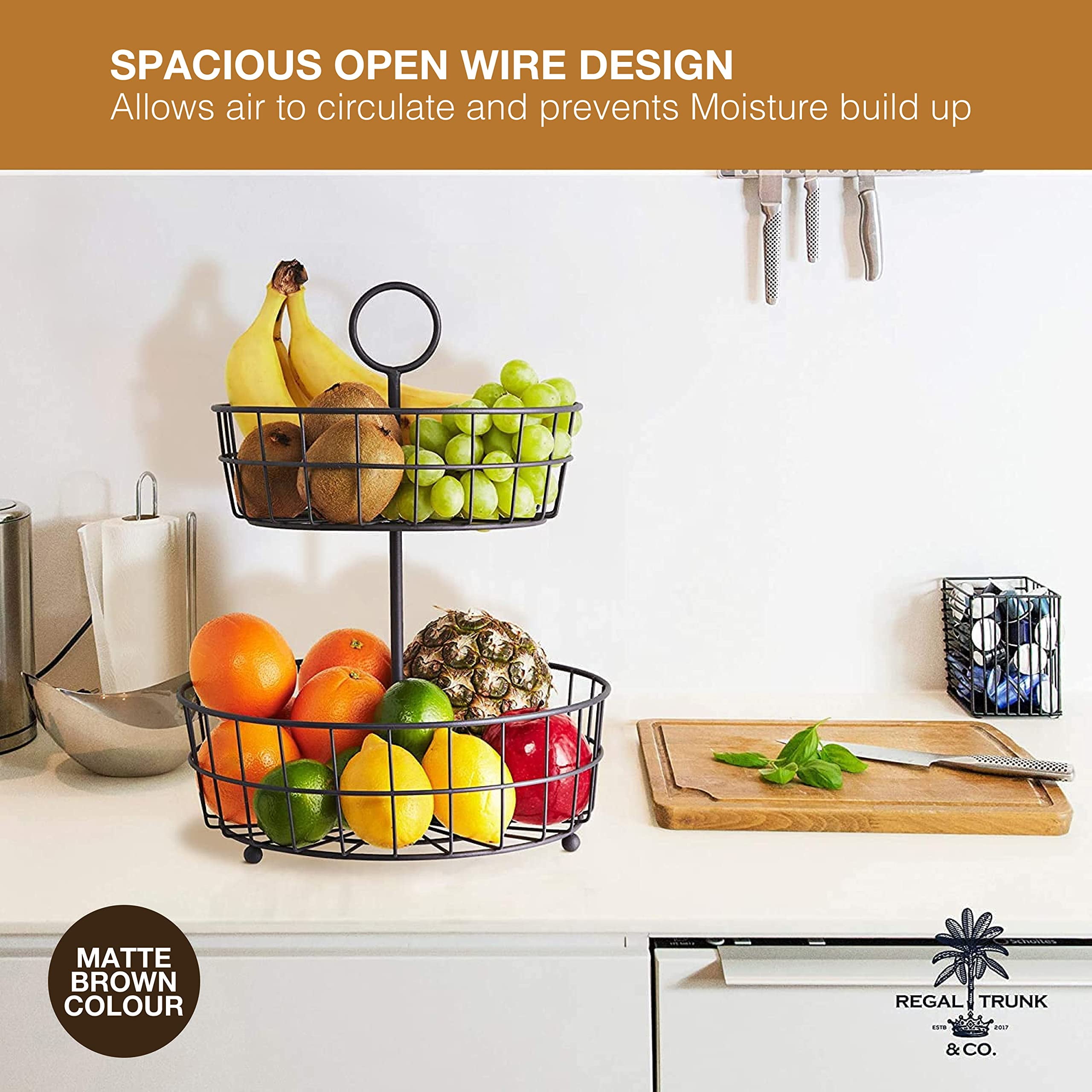 Regal Trunk & Co 2 Tier Fruit Basket, Wire Organizer, Matt Brown, Metallic Frame, Kitchen Size