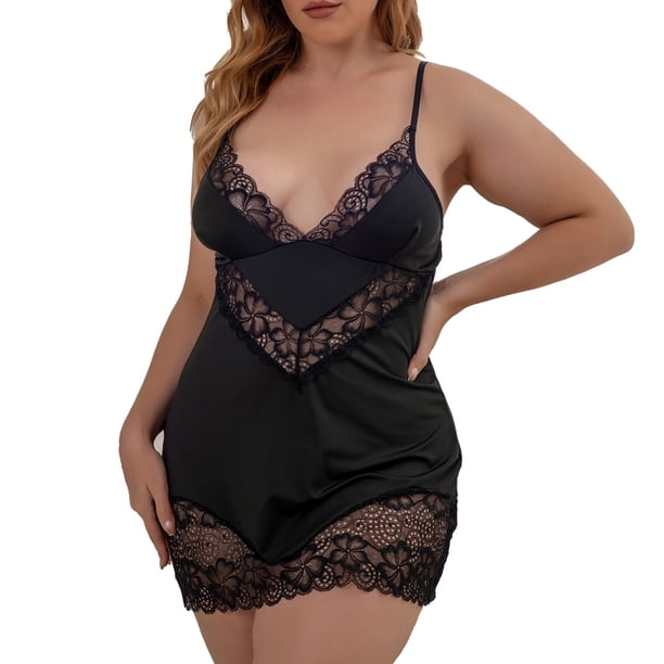 Gibobby Lenceria mujer sexy Conjunto de lencería de talla grande para mujer con tirantes y encaje(Negro, 3XG)