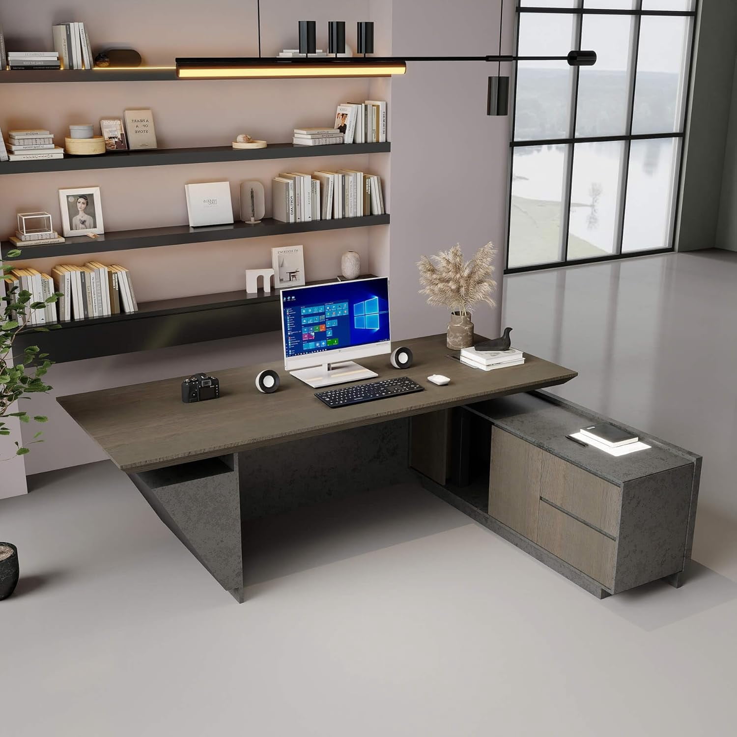 78.7 Inch Adjustable Executive Desk - Luxury L Shaped Desk with Drawers File Cabinets