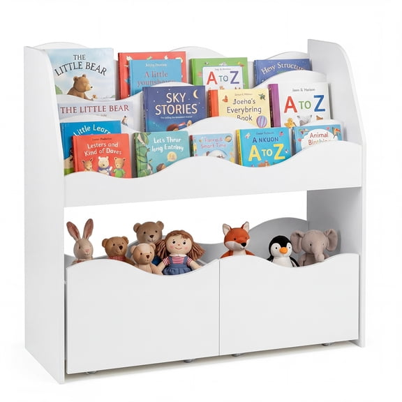 Gymax Kids Toy Storage Organizer Wooden Montessori Bookshelf w/ 2 Rolling Drawers White