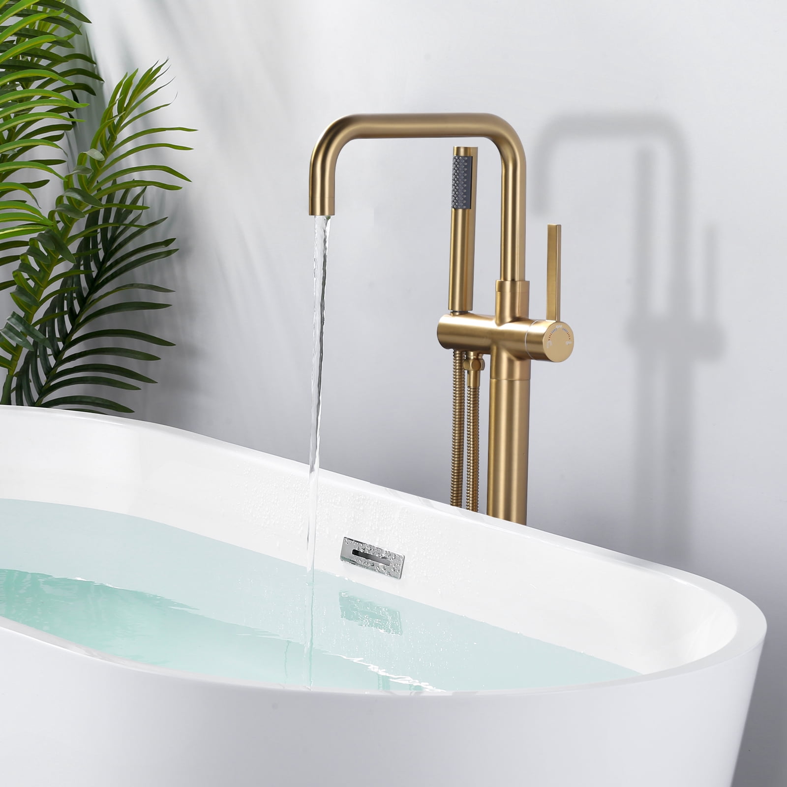 Wowow Single-Handle Freestanding Tub Faucet Floor Mount Bathtub Filler with Hand Shower in Gold