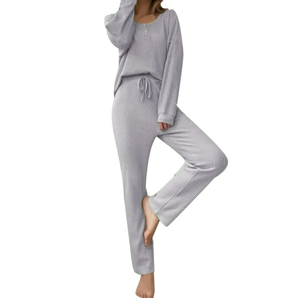 Gibobby Conjunto de sudadera para mujer Conjunto de pijama de pantalón largo con cinturón y top de punto para el de color liso para mujer(GY1,M)