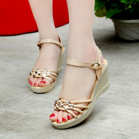 

Fashion Spring And Summer Women Sandals Rhinestone Thick Bottom Wedge With Roman Fish Mouth High Heels