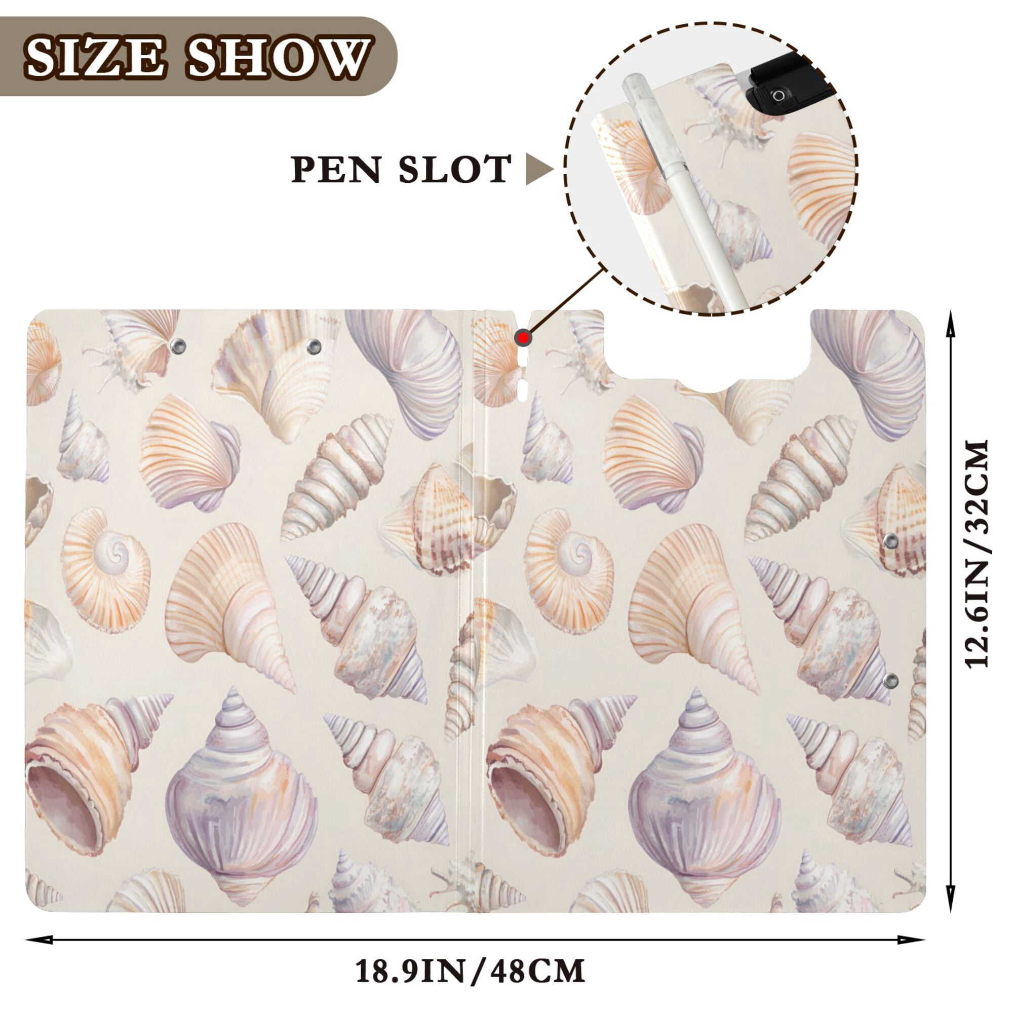 FORMRS A4 Clipboard Folder with Pen Holder Horizontal Foldable School Office Binder, Orange Watercolor Seashells