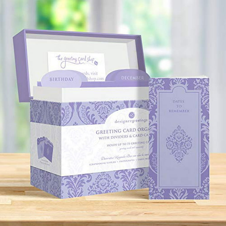 Designer Greetings Greeting Card Organizer Box with Dividers and Calendar,  Decorative Lavender Damask Pattern (9.5â€ x 7.25â€ x 6â€, Holds Up to 75  Greeting Cards), purple - large (711-00005- 