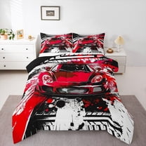 Manfei Cartoon Sport Car Bedding Comforter Set for Boy, Modern Graffiti Watercolor Twin Comforter Sets, Red Automobile Reversible Bedding Set, Super Cozy Room Decor, 2-Piece